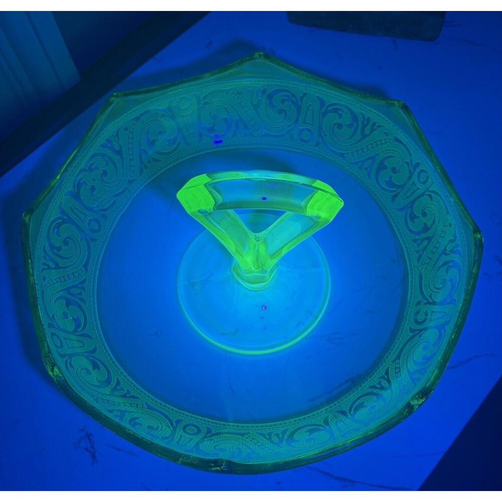 Handled Tidbit Serving Tray Vaseline Uranium Glass Scroll Design Gold Trim 9"